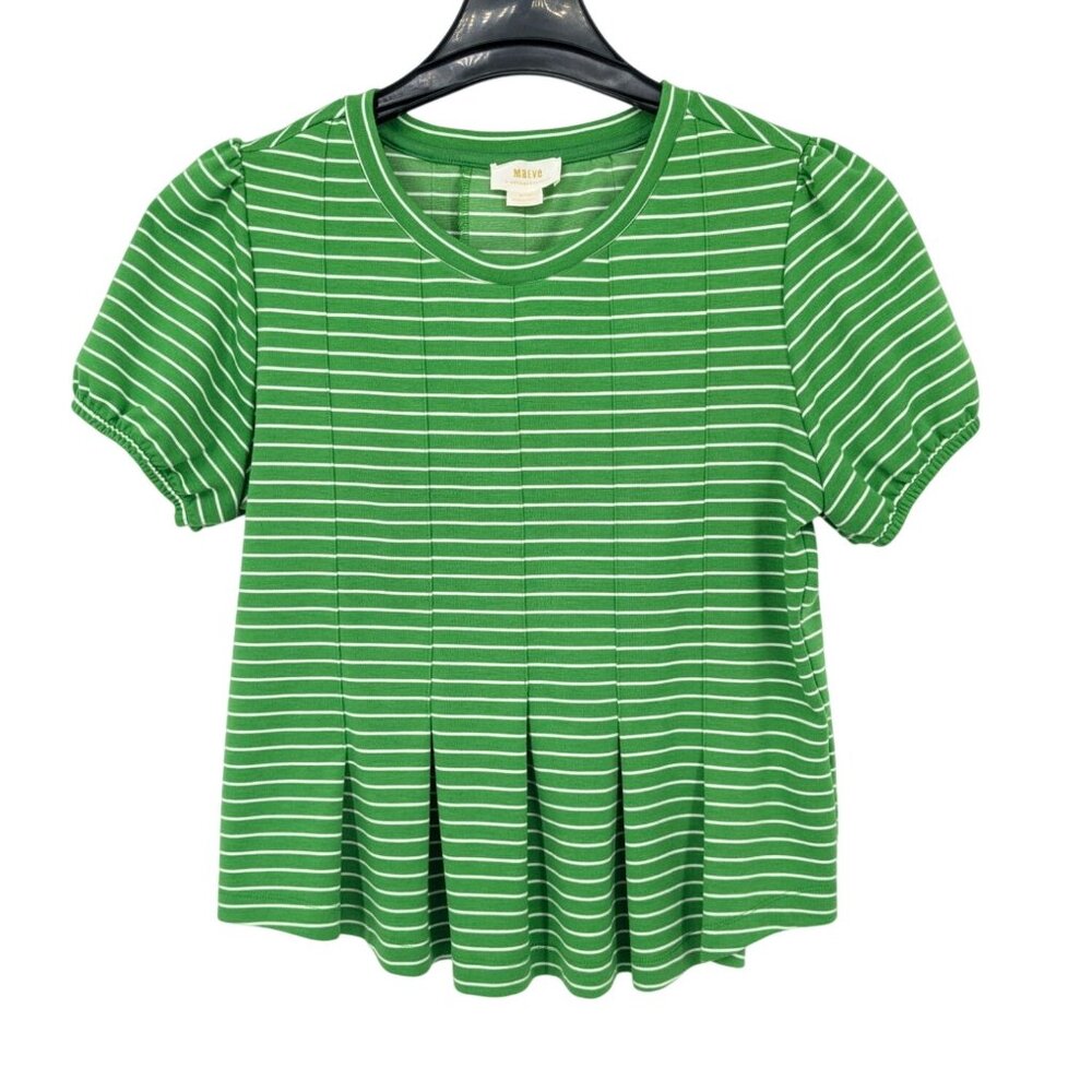 Maeve Anthropologie Striped Peplum Babydoll Knit Top Puff Sleeve Office Size M